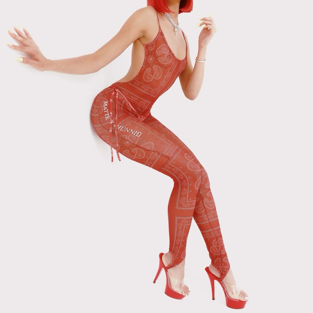 MATTE BRAND Red Bandana Paisley Print Backless Jumpsuit